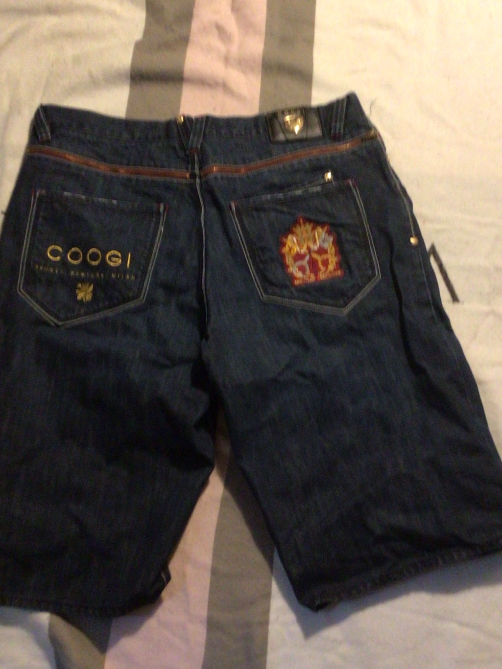 Coogi Dark Blue Denim Shorts With Gold Embroidery Detail